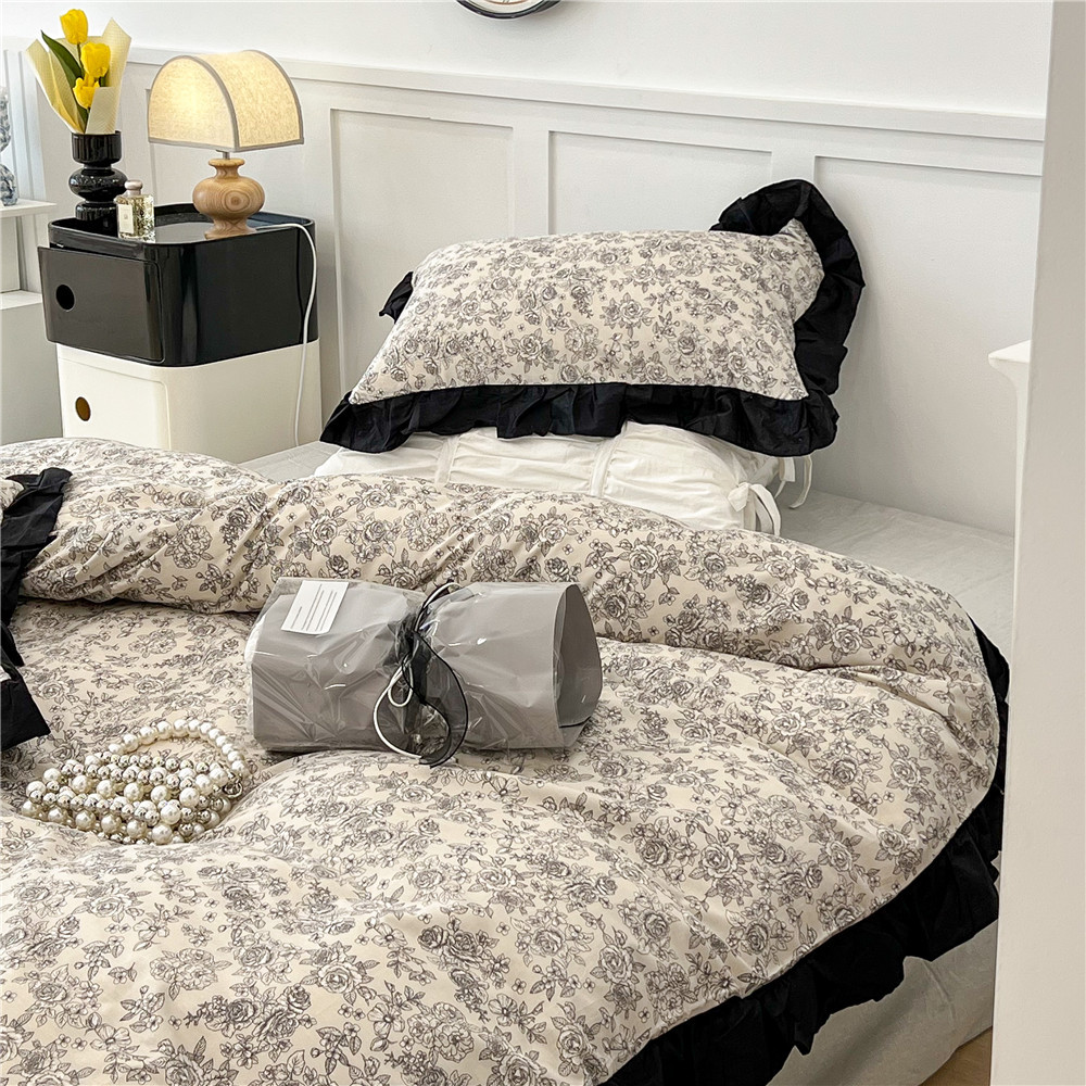 French Hepburn style pure cotton four-piece set, high-end feel, pure cotton black and white sketch flower duvet cover, all-cotton edge bedding pic 50