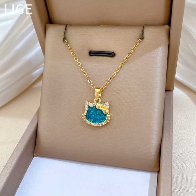 【钛钢】炫彩蝴蝶结猫咪轻奢气质华丽满钻项链女百搭锁骨钛钢链详情11