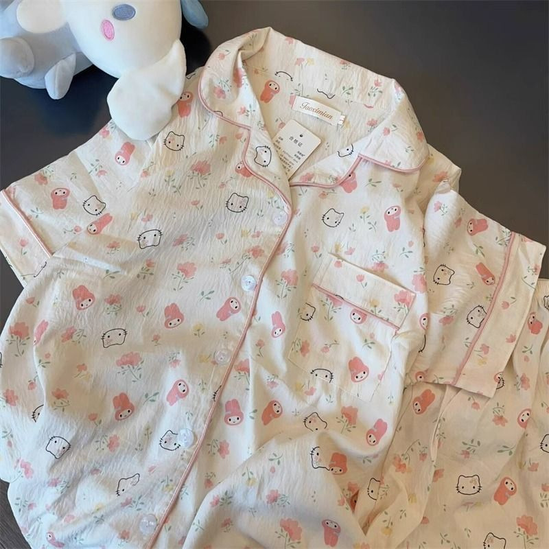 Pajama Women Summer Cloud Cotton 2024 New Style sweet and cute cardigan casual short-sleeved and short-shorts home wear set pic 38