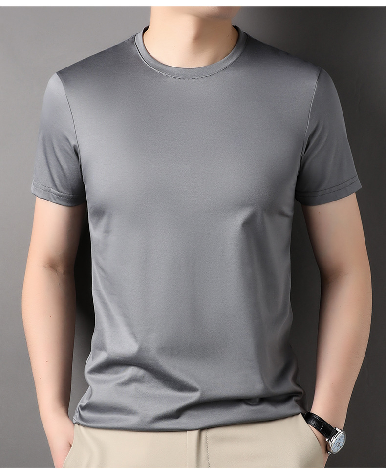 2024夏季新款桑蚕丝圆领短袖男纯色休闲中年薄款透气男士t恤批发详情23