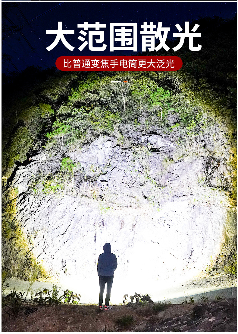 跨境新款铝合金强光手电筒爆亮大功率超大容量户外充电穿天炮手电详情7
