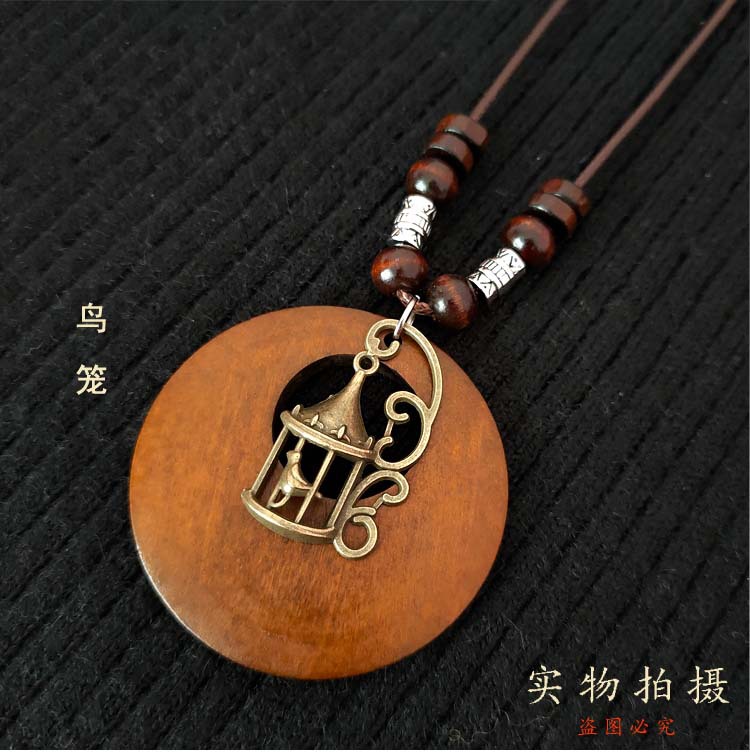 跨境亚马逊新款复古棉麻配饰民族风木质长款女毛衣链合金树叶项链详情6