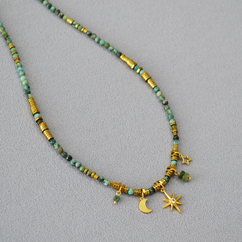 秋冬新款欧美小众设计复古文艺绿松石串珠星星月亮挂坠短款项链女详情5