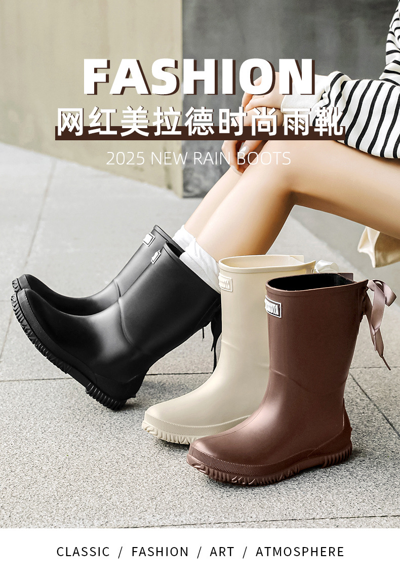 跨境时尚中高筒雨鞋女甜美学生百搭雨靴软底防滑露营鞋防水洗车鞋详情1