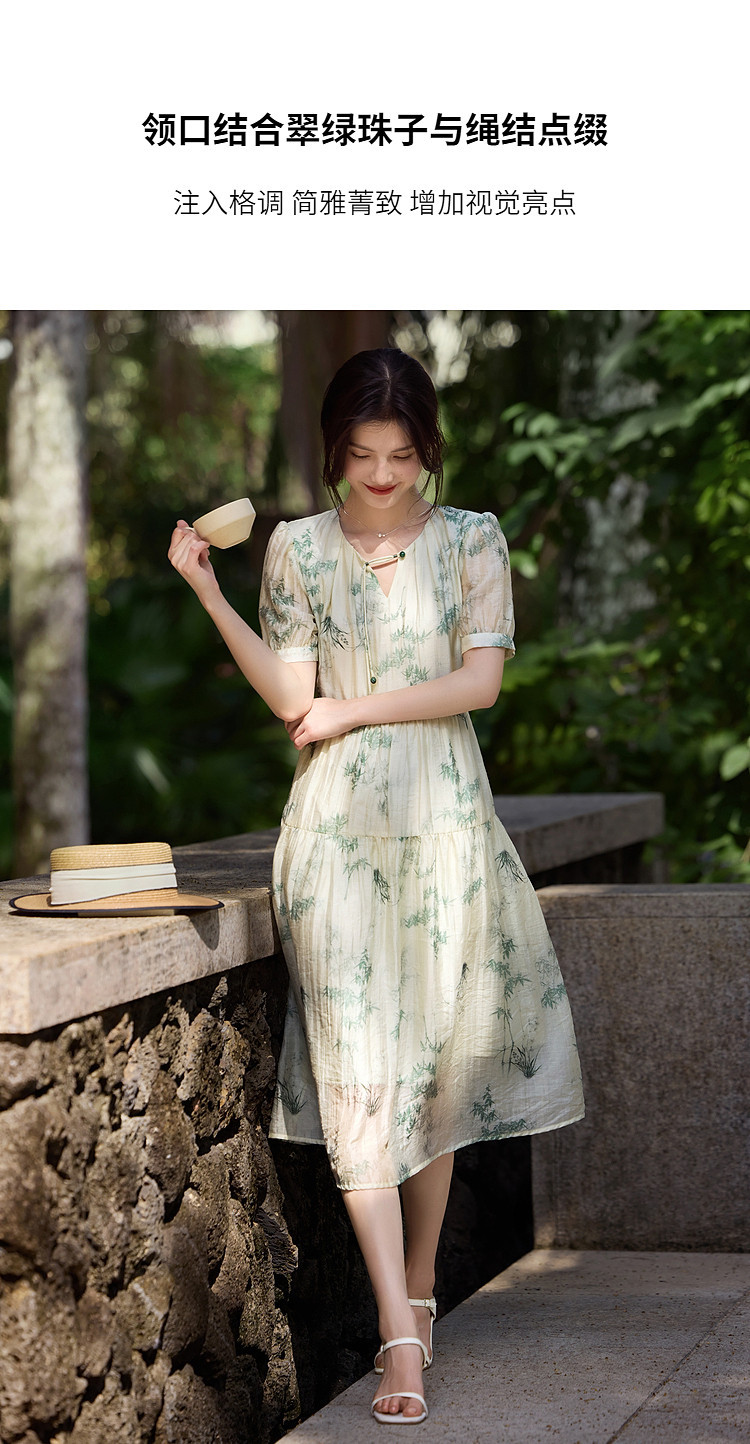 Chinese-style printed dress 2025 summer Chinese-style plant printed beaded neckline dress pic 11