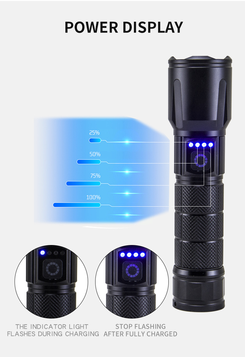 跨境抖音快手热卖工厂批发铝合金强光手电快充变焦远射激光手电筒详情8