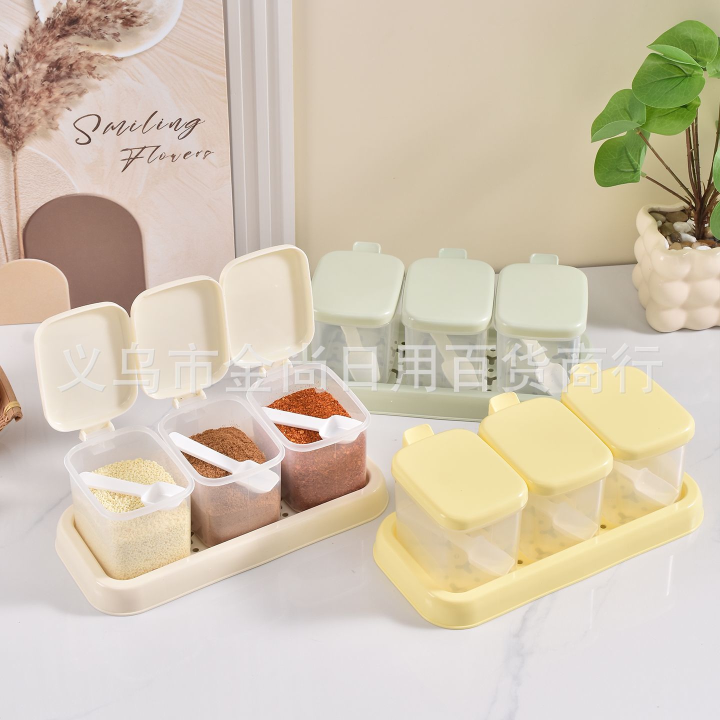 High appearance level bow rabbit seasoning box, 3 sets of 4-set kitchen plastic flip-top seasoning boxes pic 5