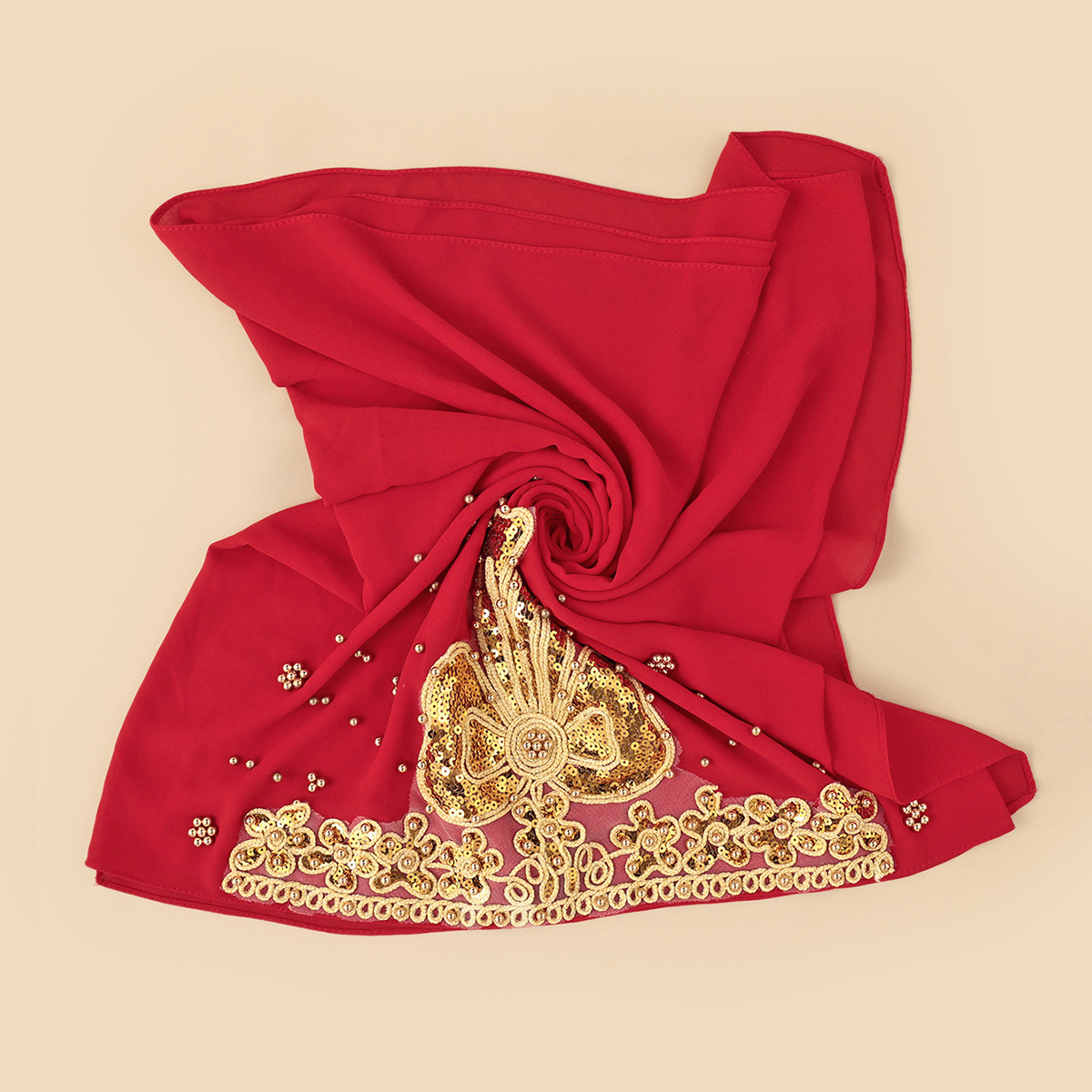 Wholesale of popular cross-border Amazon ethnic-style headscarves with fashionable rolled-up pearl chiffon and beaded long scarves pic 14