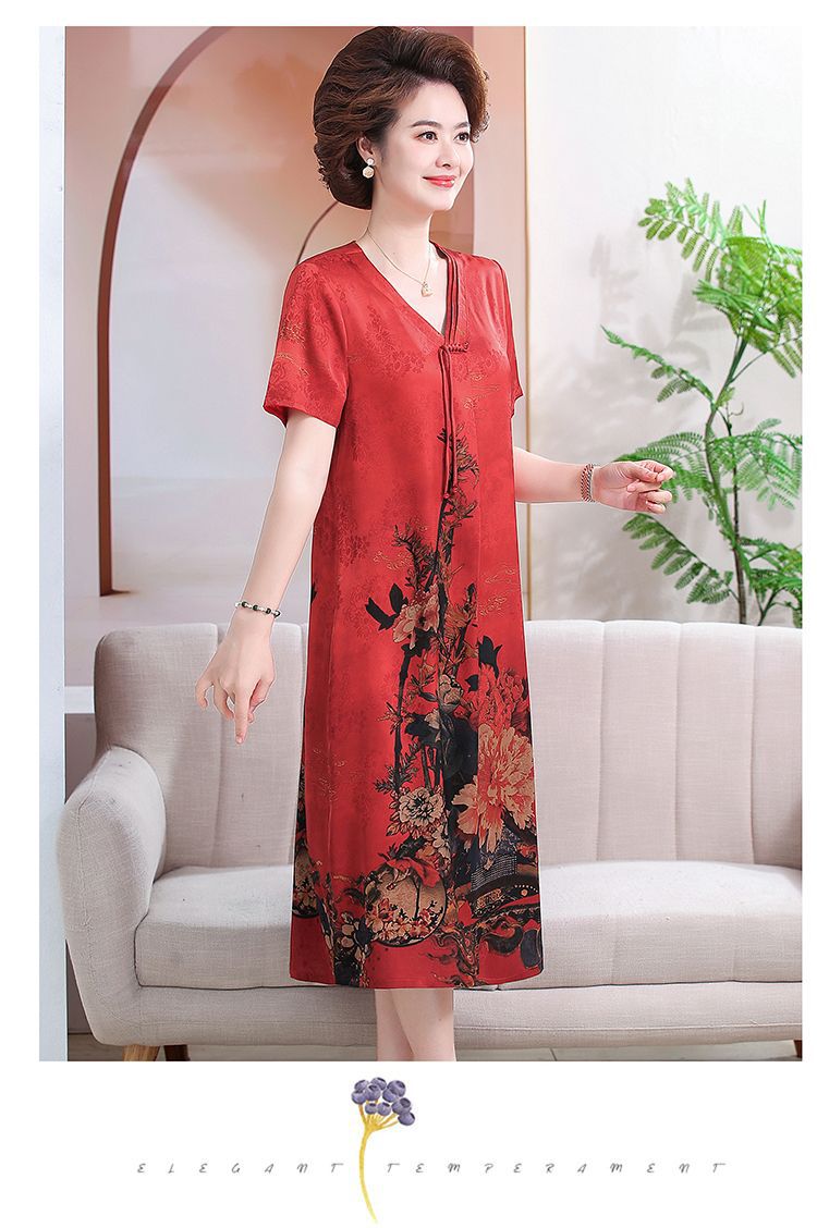 Mom 2024 New Chinese-style faux silk summer New printed dress, a loose and stylish mid-length dress for middle-aged and elderly people pic 9