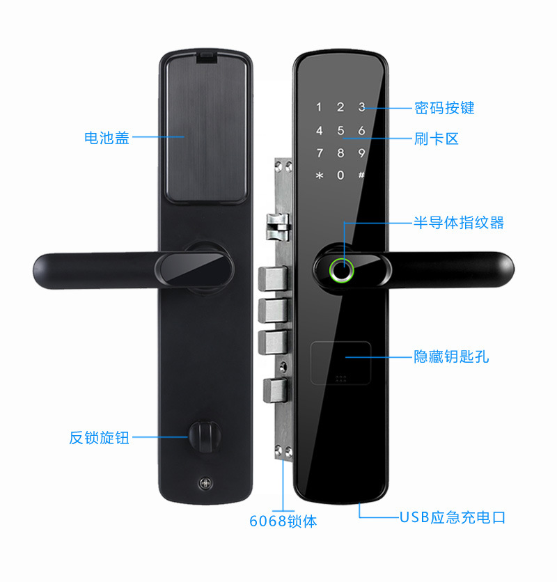 Tongtong Lock, black smart door lock, facial recognition, fingerprint, digital keyboard, green sensing ring handle pic 3
