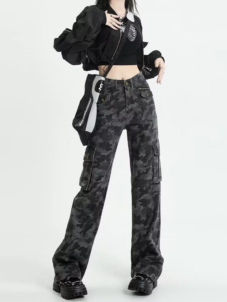 迷彩工装裤女美式高个子牛仔裤子辣妹阔腿裤迷彩服显瘦复古迷彩裤详情7