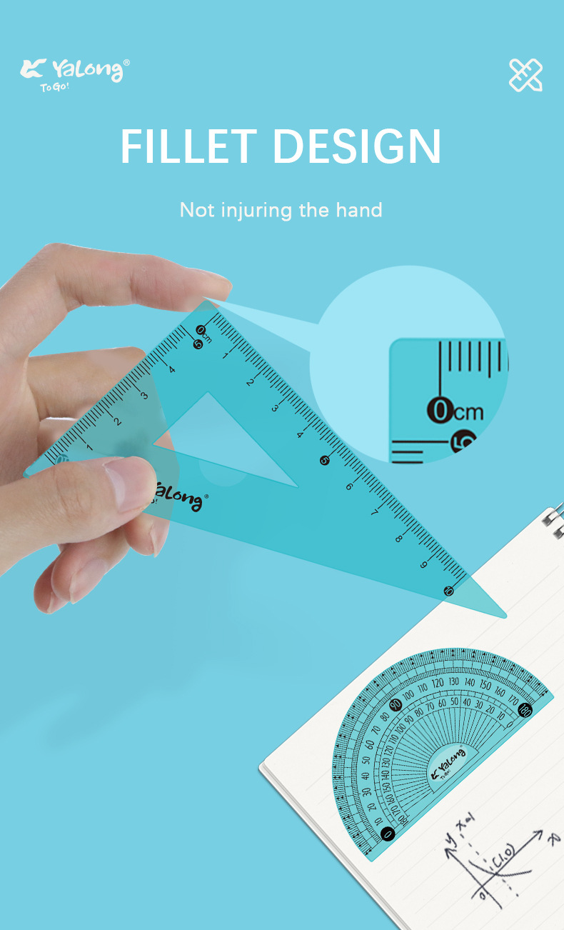 Yalong Cross-border Hardcover 20 cm Computer resin flexible Tape measure geometric set and Angle gauge set student school supplies pic 6
