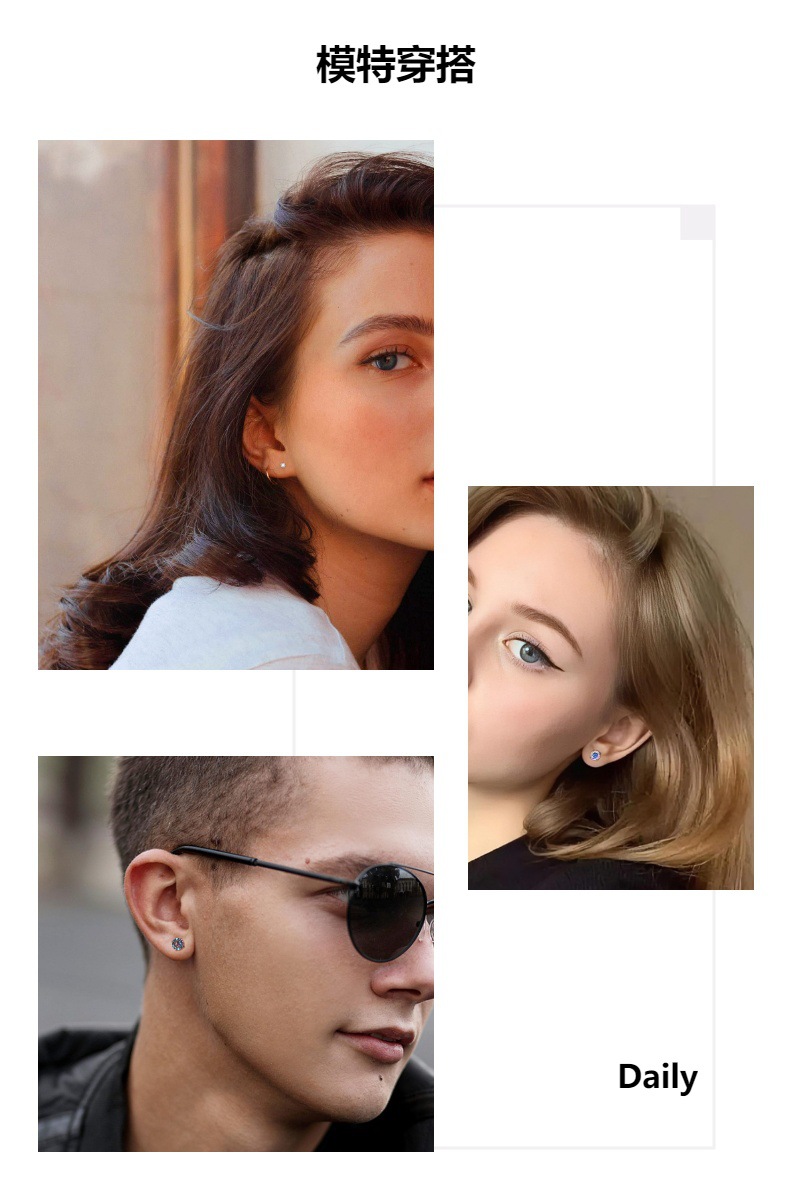 Cross-border titanium steel flat-bottom zircon ear studs, round ear bone studs, cochlear studs, zircon ear studs with external threads, versatile and high-end pic 3