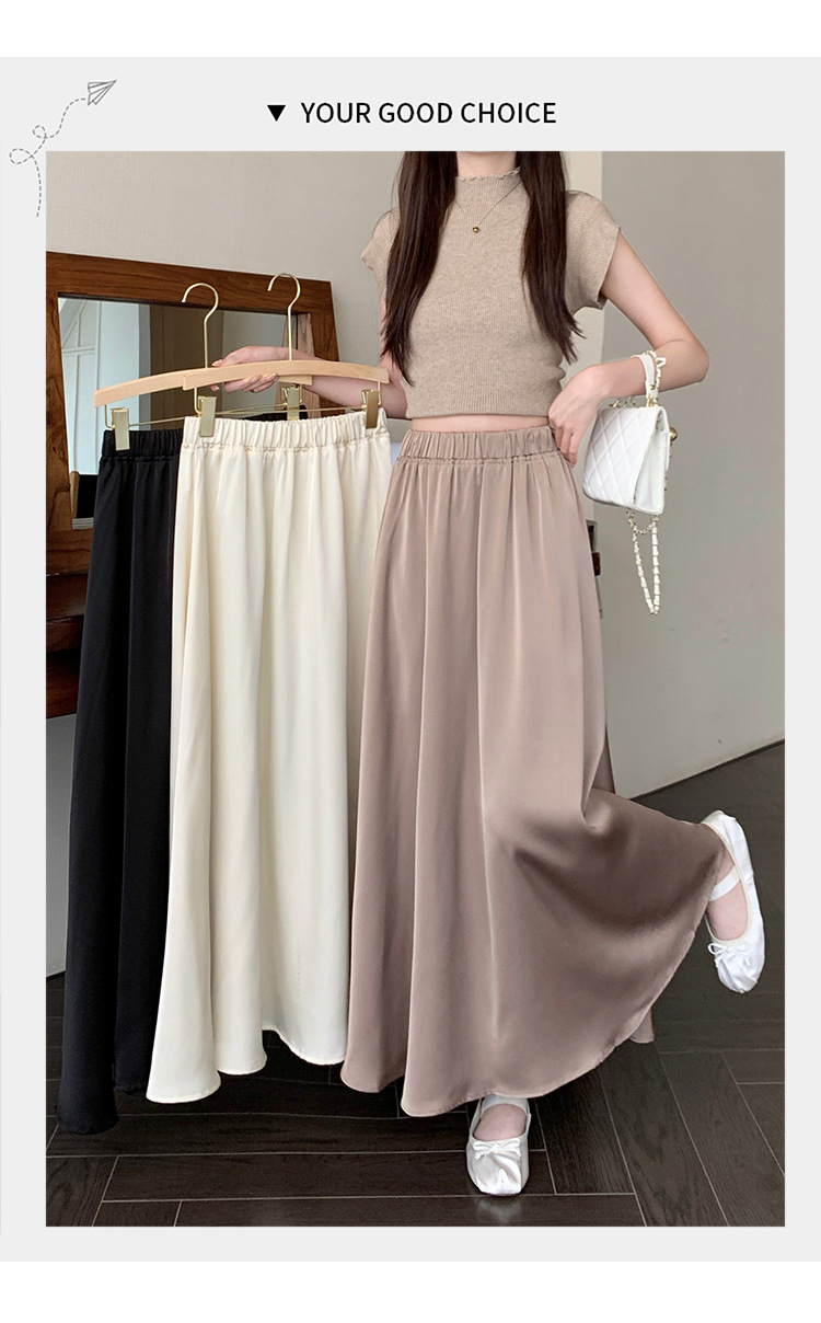 French acetate satin half skirt for women 2024 Spring/Summer pleated long skirt with elastic and tight waist, A-line large swing umbrella skirt pic 15