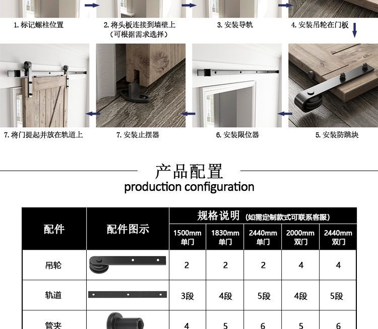 跨境专供美式谷仓门吊轨I型侧装款吊轮推拉门移门五金导轨道全套详情7