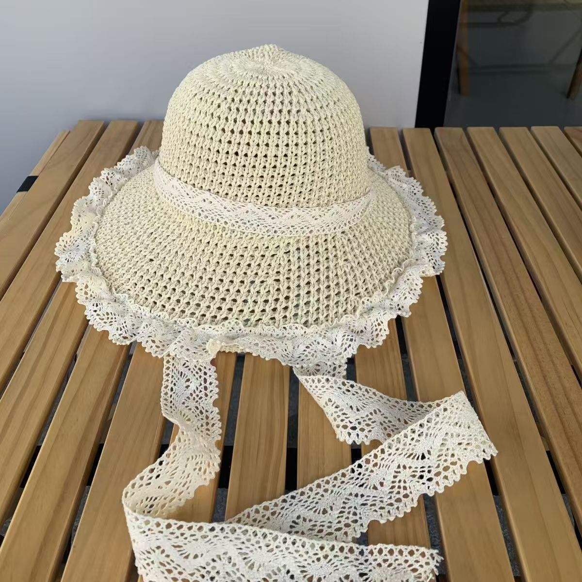 草帽ins系带镂空草编帽女夏出游防晒沙滩海边太阳帽蕾丝边遮阳帽详情9