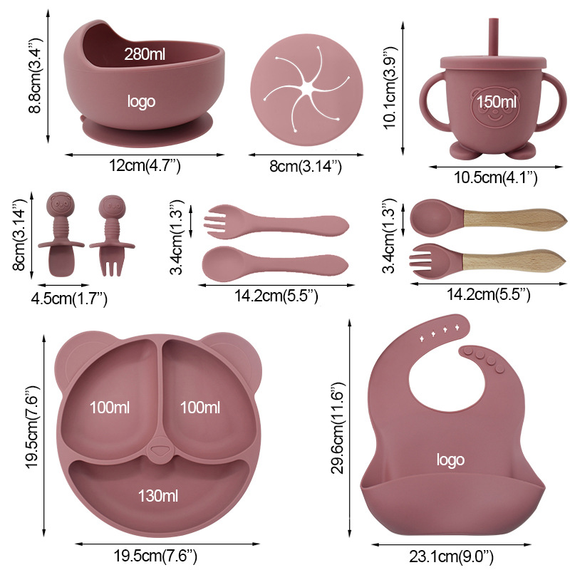 儿童餐具九件套辅食餐具食品级硅胶餐盘碗宝宝卡通喂养套装母婴餐详情2