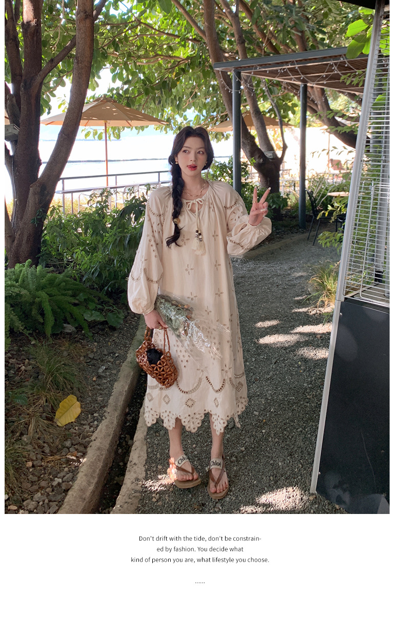 Real photo of a retro, gentle, cut-out embroidered V-neck apricot-colored dress, 2025 new seaside vacation style long-sleeved umbrella dress pic 40