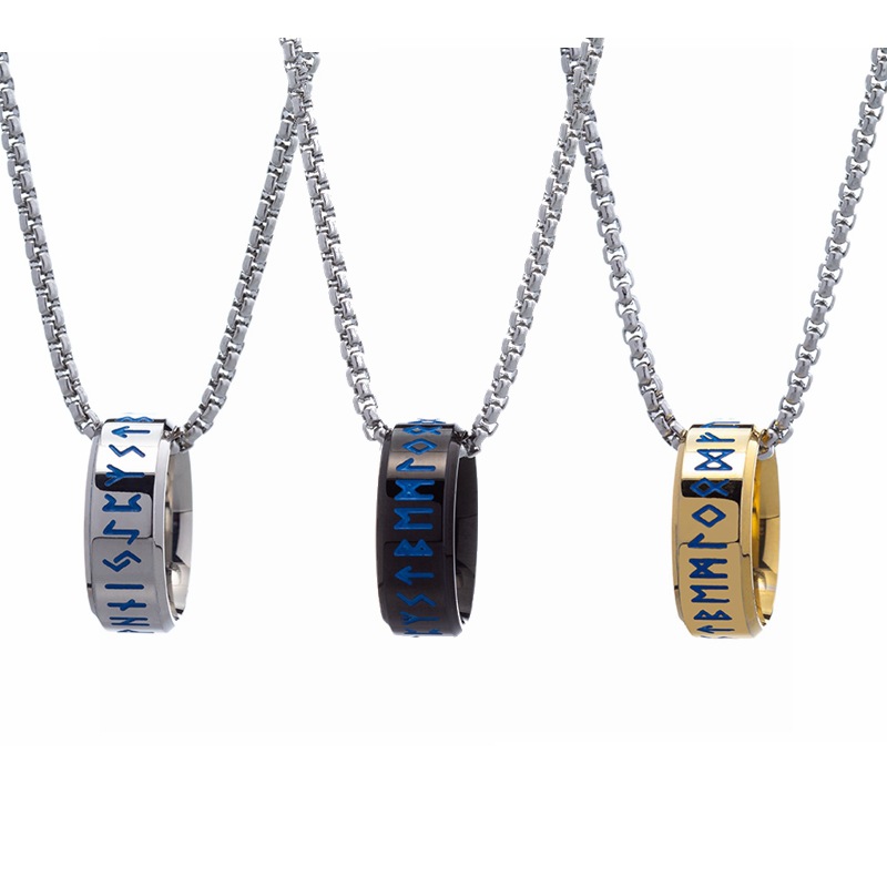 Xiyin Cross-border European and American new jewelry, Nordic Viking language pendant titanium steel necklace, 60cm versatile pearl chain pic 7