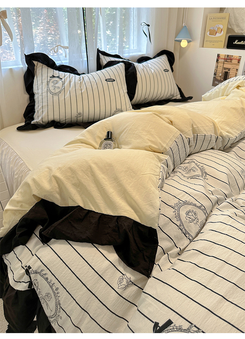 French romantic princess-style lace washed cotton four-piece set, small floral skin-friendly quilt cover, dormitory three-piece set, bed skirt style pic 19