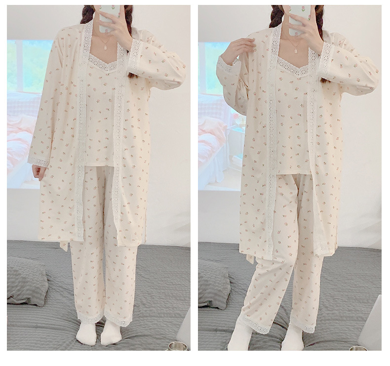 New spring and autumn pajamas for women with breast pads, sexy halter tops, long-sleeved shirts and long pants, three-piece set, lace floral home wear pic 8