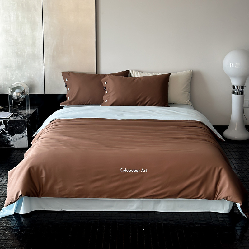 Simple, light luxury and fashionable solid-color long-staple cotton four-piece set, pure cotton letter-embroidered duvet cover, double bedding pic 80