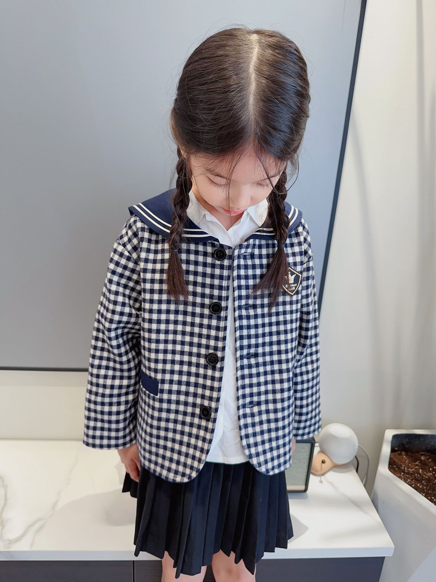 伯明翰学院海军同款外套 澳洲羊毛格子海军风领女童徽章小外套详情7