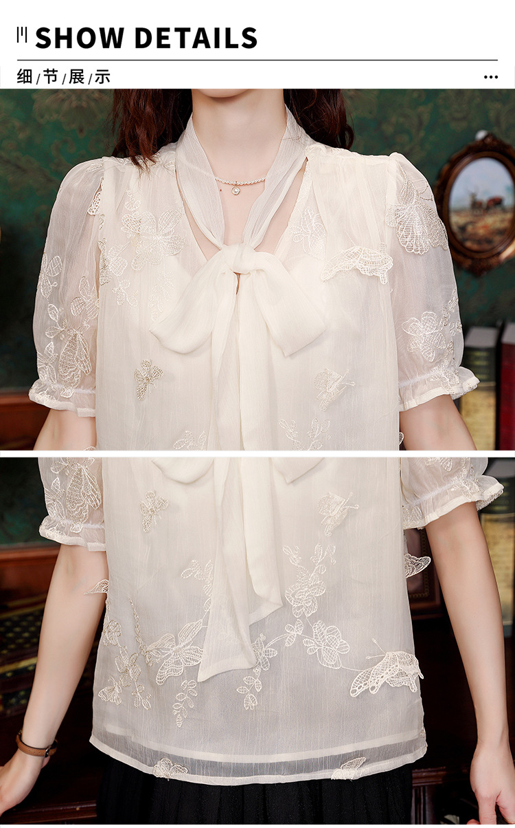 2024年夏季女装高级感蕾丝雪纺衬衫女设计感小众别致蝴蝶结衬衣详情21