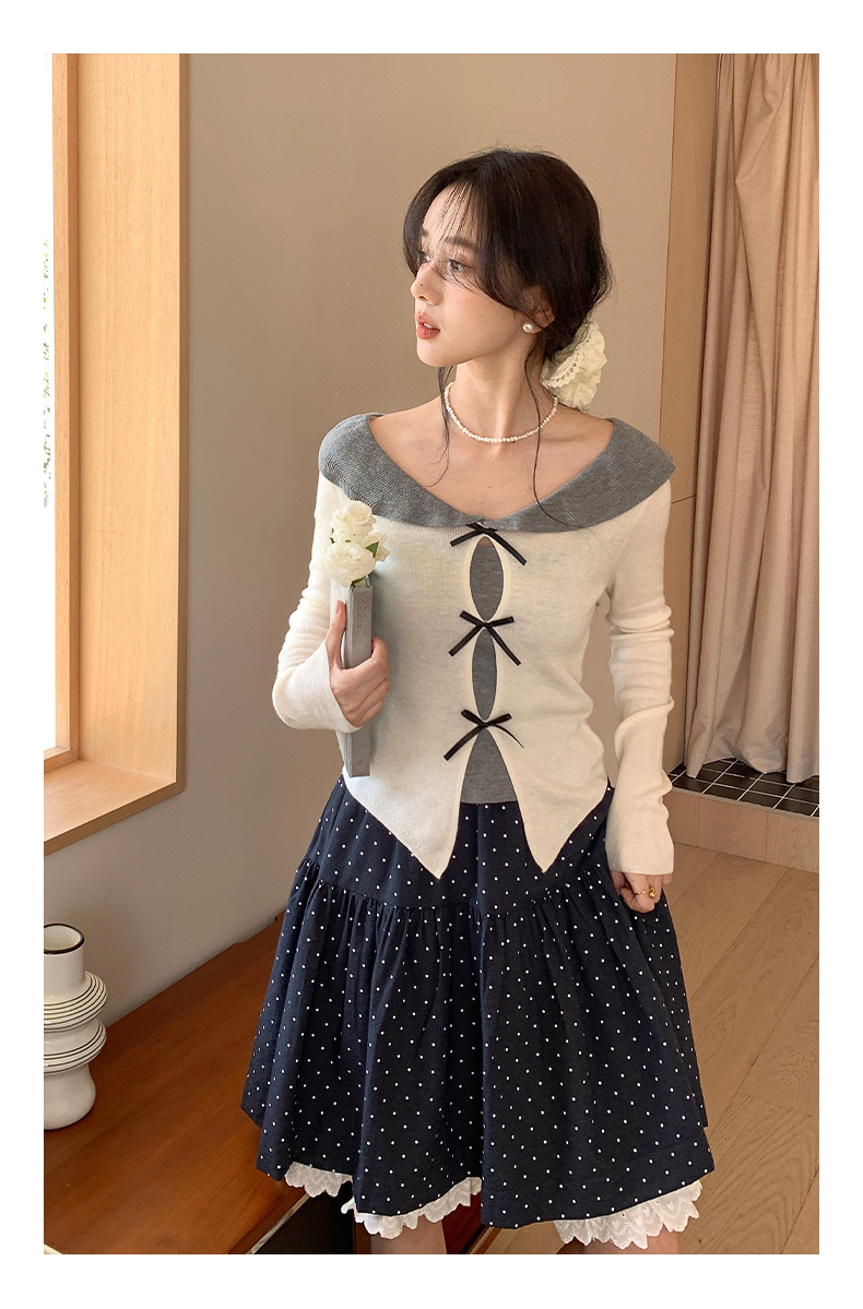 衣尔衫 设计感 假两件娃娃领蝴蝶结针织衫女短款温柔修身气质0337详情13