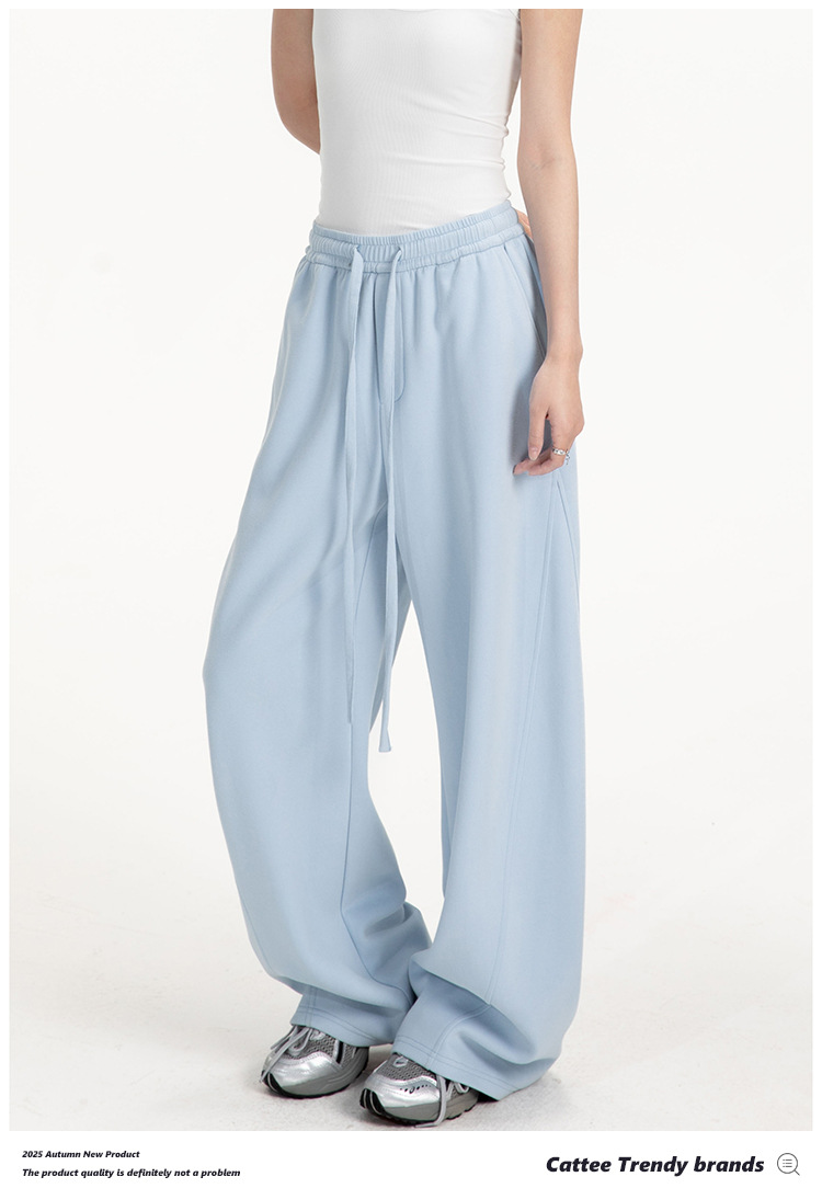 College-style solid-color straight-leg curved casual pants for men and women, loose wide-leg sport sweatpants for spring and autumn pic 19