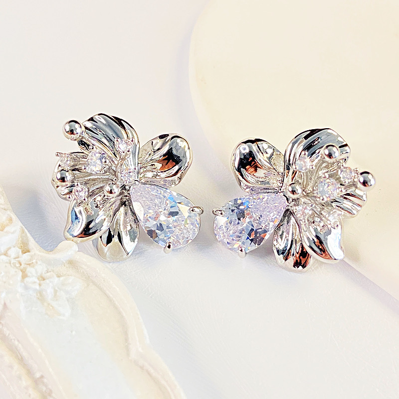 925 Silver Needle Zircon Flower Earrings delicate, brilliant and elegant bow pic 7