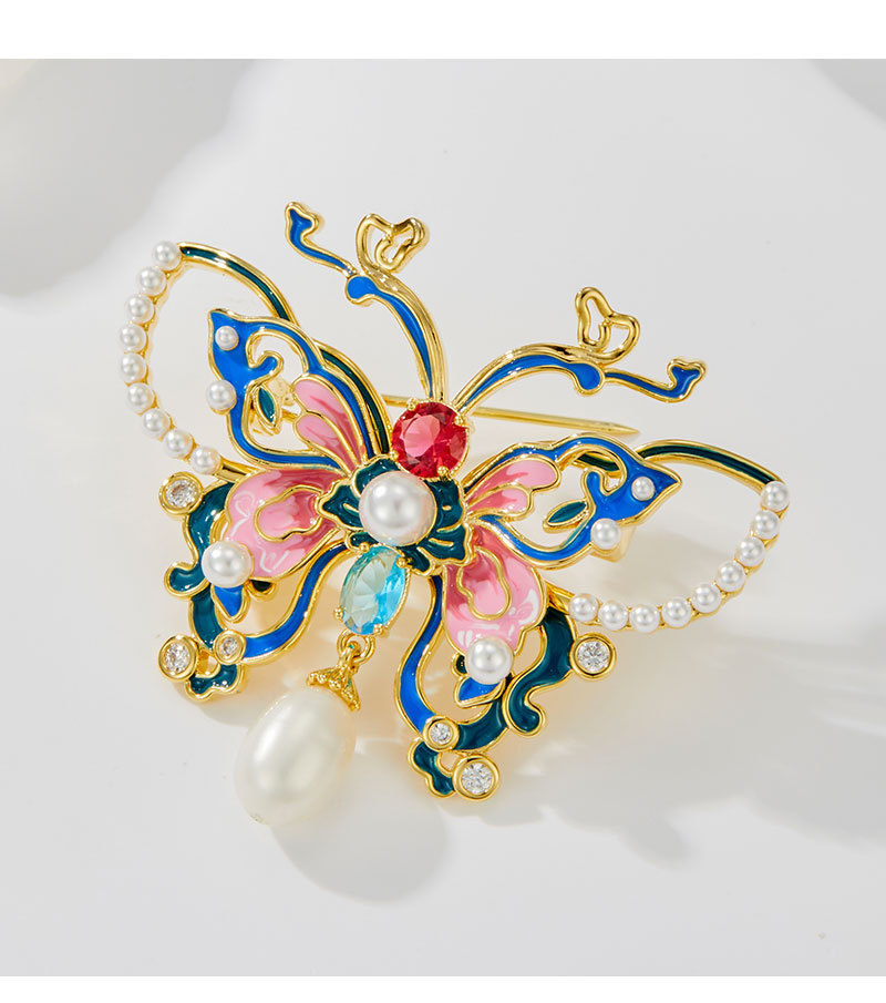 Exquisite national trend enamel butterfly pearl brooch with a fashionable and high-end feel, copper alloy inlaid zircon dress brooch pic 12