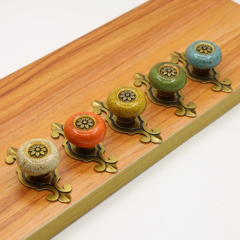 Antique copper creative furniture handles, cabinet, wardrobe, drawer glazed handles, single-hole furniture accessories handles with ethnic style pic 3