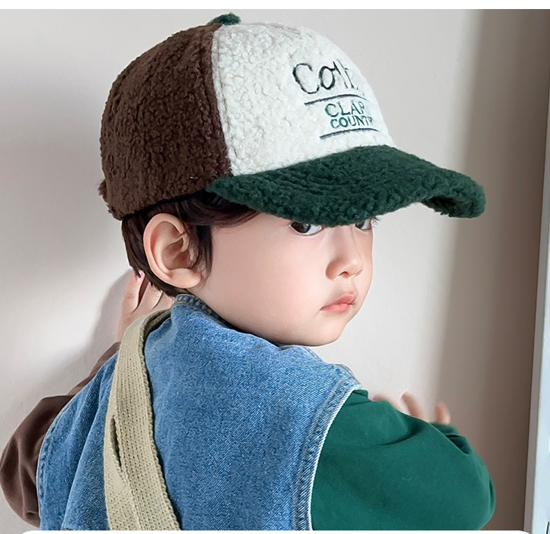 儿童秋冬羊羔绒鸭舌帽男童中童韩版拼色棒球帽女童保暖帽子服装配饰详情2