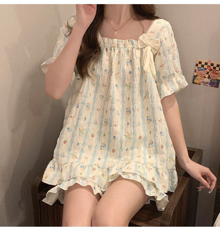 Cloud cotton pajamas for women, summer with chest pads, short sleeves and shorts, Korean sweet princess-style home wear set, can be worn outside pic 10