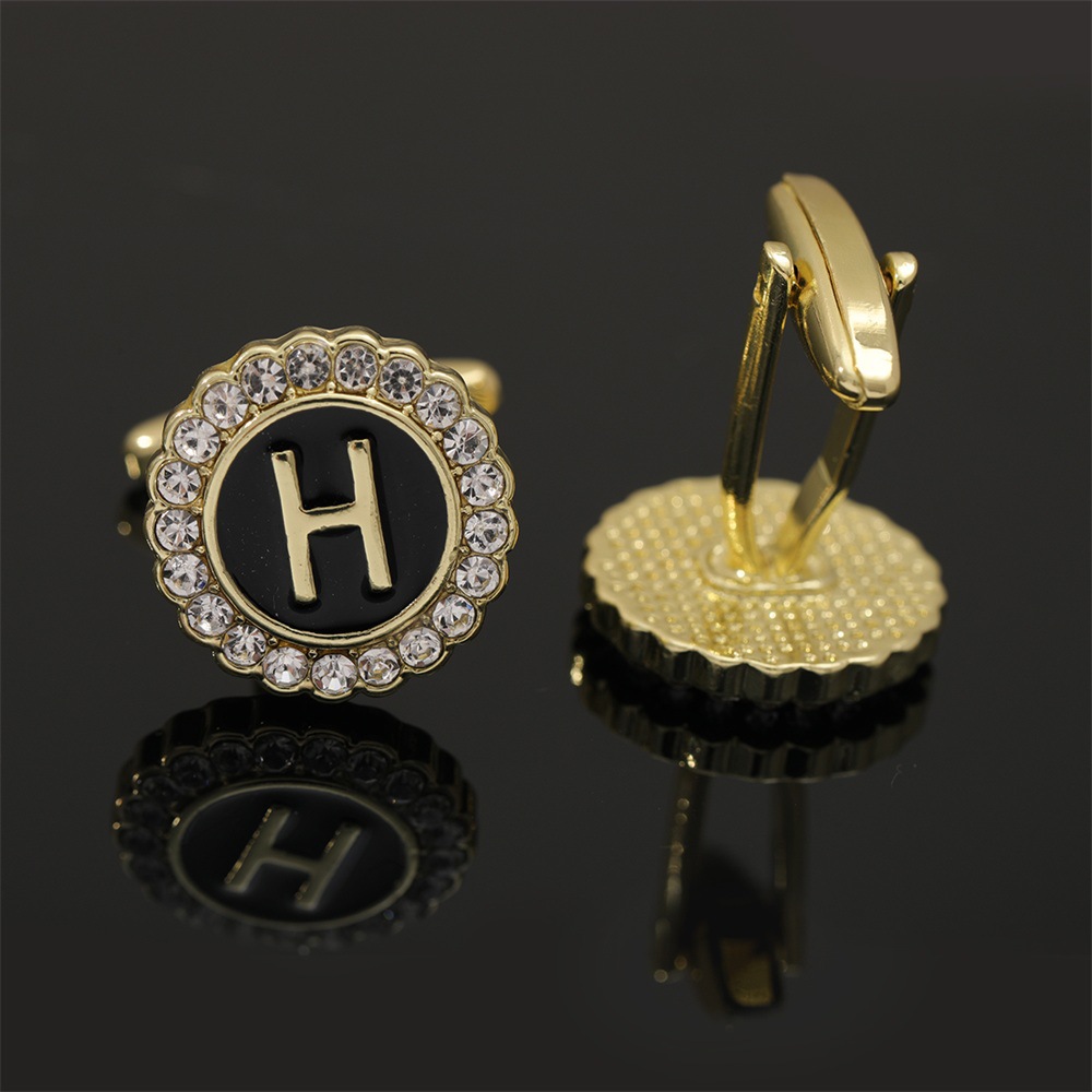 大写字母袖扣圆形镶钻袖钉合金滴油男士衬衫扣26英文字母A-Z配饰详情16