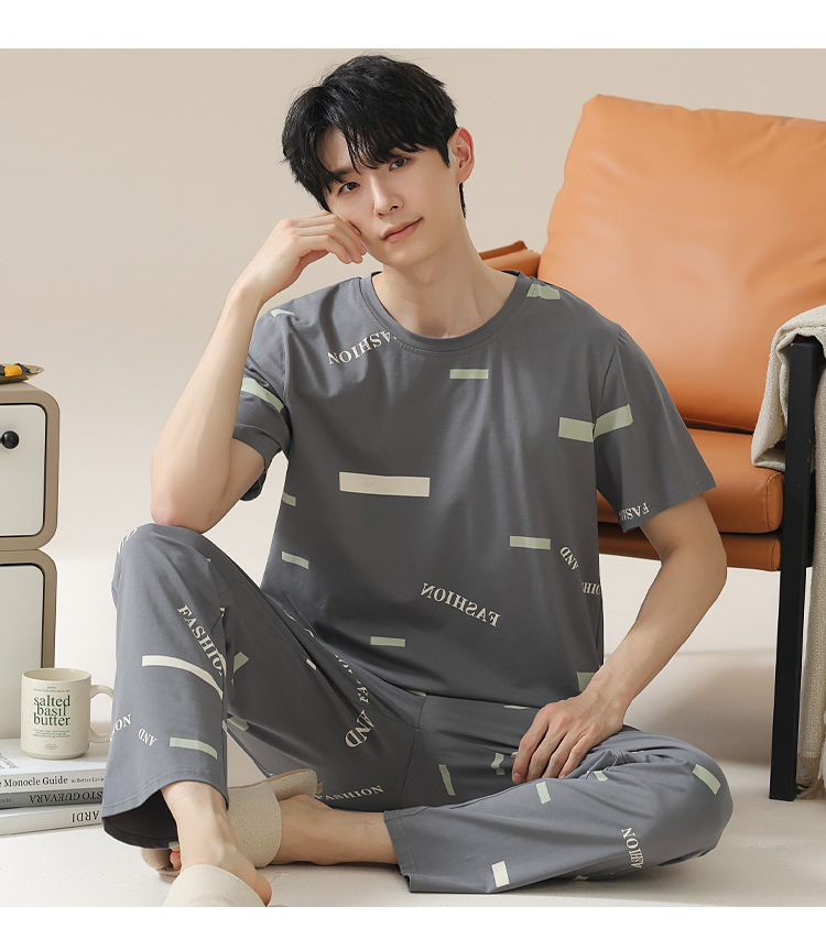 Summer pure cotton pajamas for men, cartoon casual short-sleeved shirts and long pants, pure cotton comfortable home wear, summer youth student set pic 117