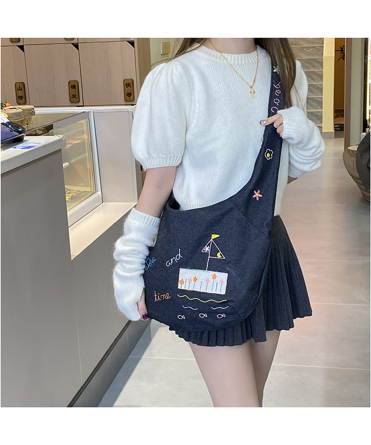 ins新款小插画牛仔斜挎包包女百搭大容量单肩包袋口拉链学生书包详情23