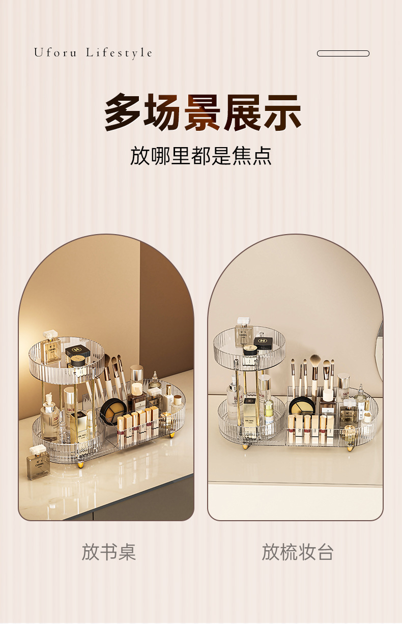 亚马逊爆品360旋转二合一化妆品收纳盒多功能桌面香水托盘置物架收纳用品桌面收纳盒详情8
