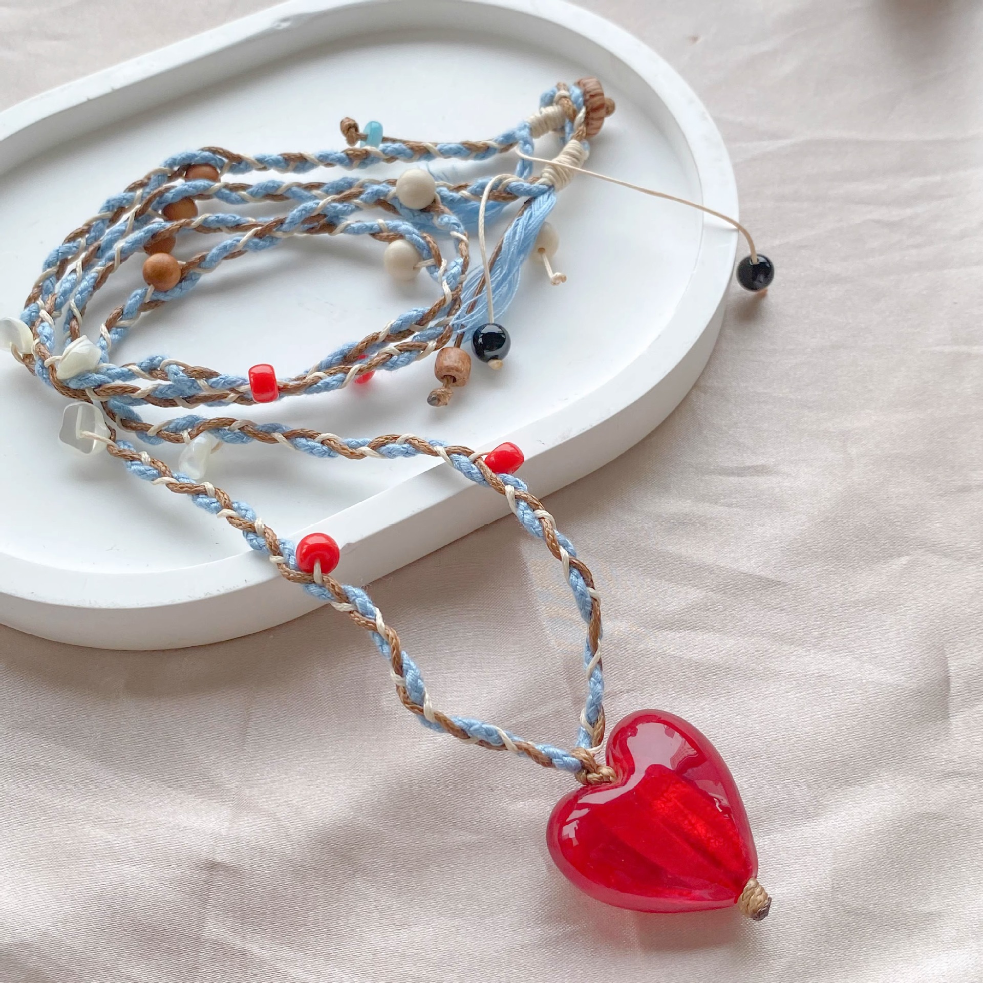 复古老琉璃彩绳编织红色爱心天然石吊坠项链女士长款毛衣链多巴胺详情10