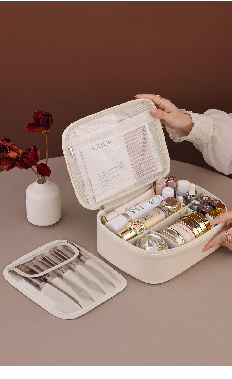 跨境新款自由分区大容量高级感手提化妆包旅行化妆刷收纳包洗漱袋详情11