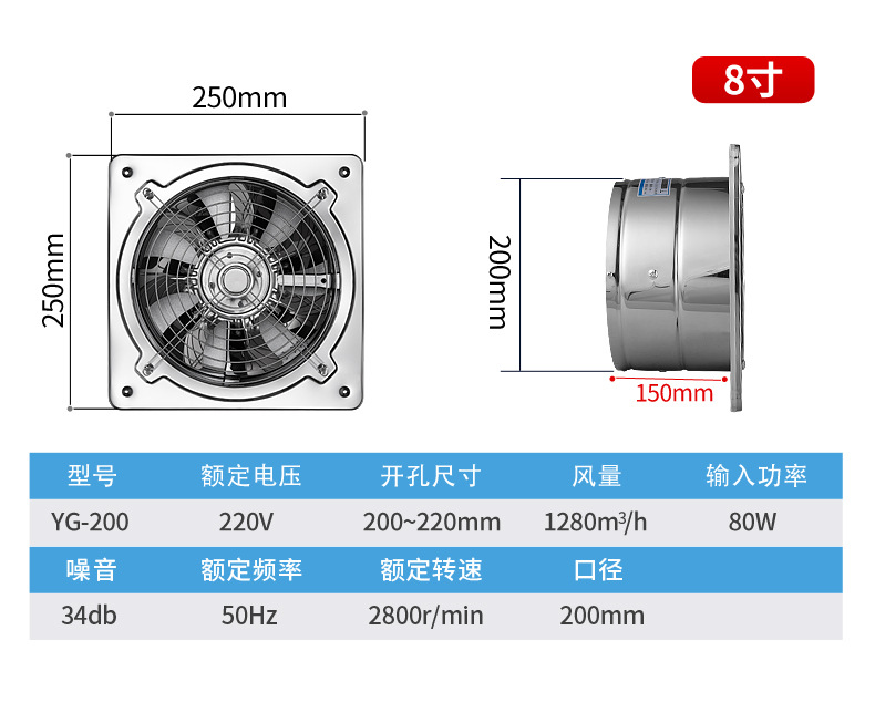 不锈钢排气扇厨房换气扇排油烟家用抽风机排风扇墙壁式换气扇批发详情11