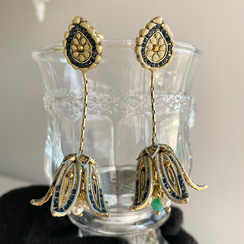 姜妍同款花朵耳环长款波西米亚民族风流苏耳饰女复古高级耳钉耳夹详情2