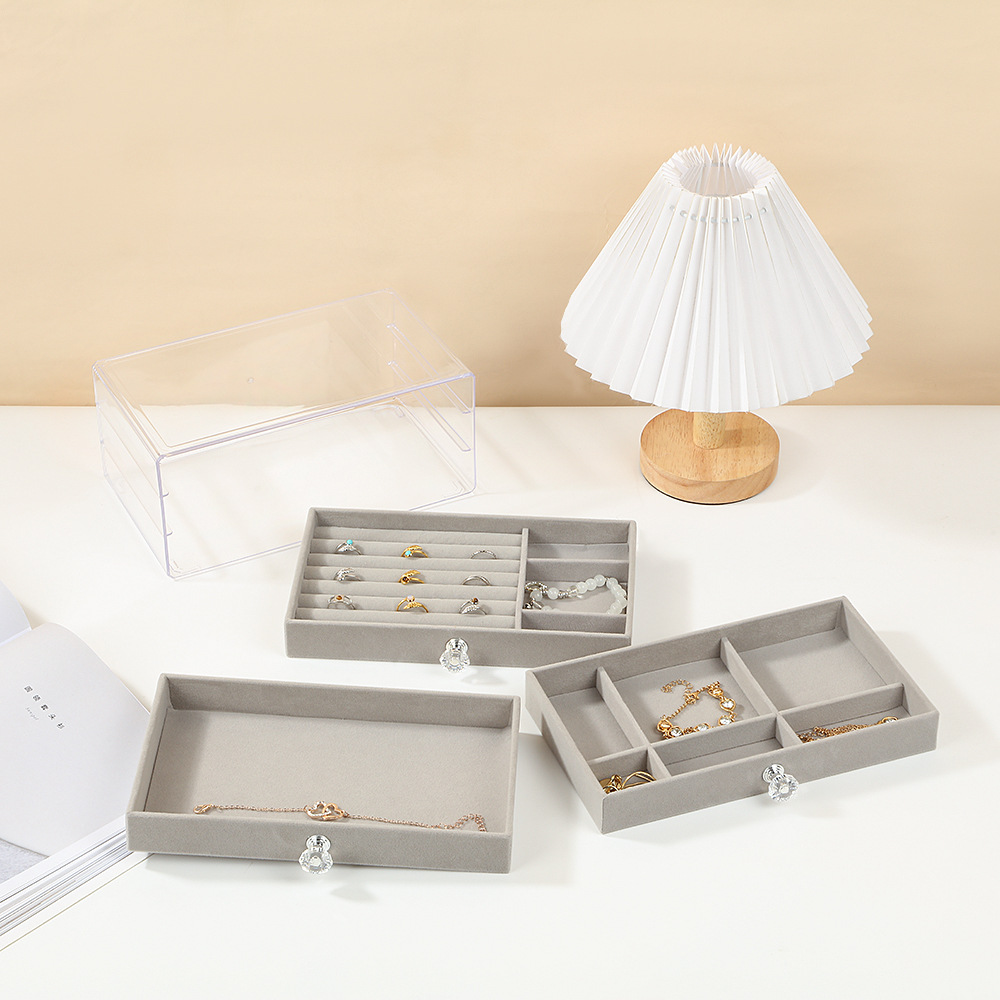 三层三抽首饰盒桌面防氧化耳钉项链戒指收纳盒高档绒布防尘饰品盒详情5