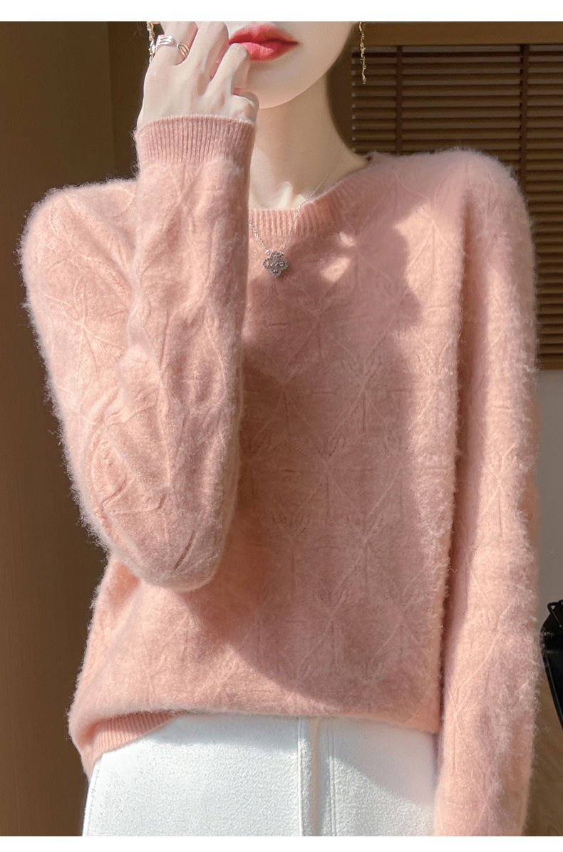 镂空花一线成衣100纯羊毛衫女圆领长袖针织羊绒毛衣宽松软糯打底详情41