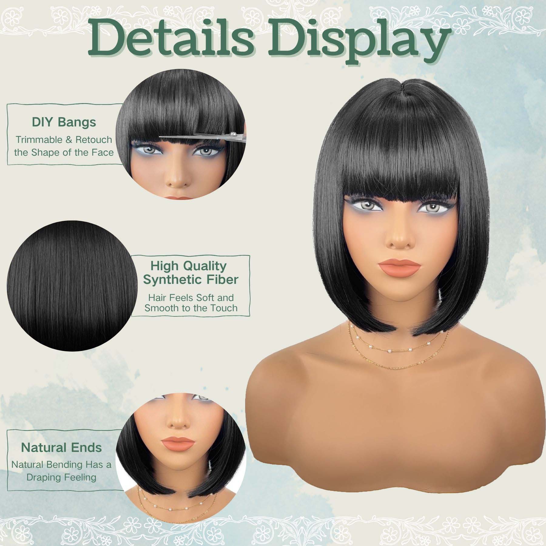 欧美跨境高温丝假发齐刘海波波头T型外贸短直发头套家用假发套装详情4