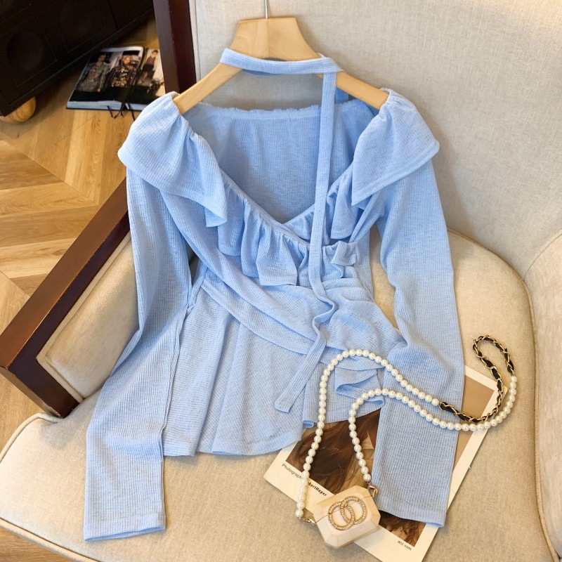 实拍~纯欲甜美荷叶边飘带一字肩收腰褶皱天丝上衣不规则衬衫详情1