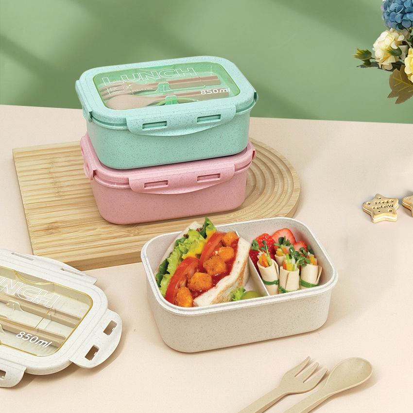 Wheat straw Japanese bento box, microwave-heated student lunch box, office worker plastic compartments fat-reducing salad lunch box pic 3