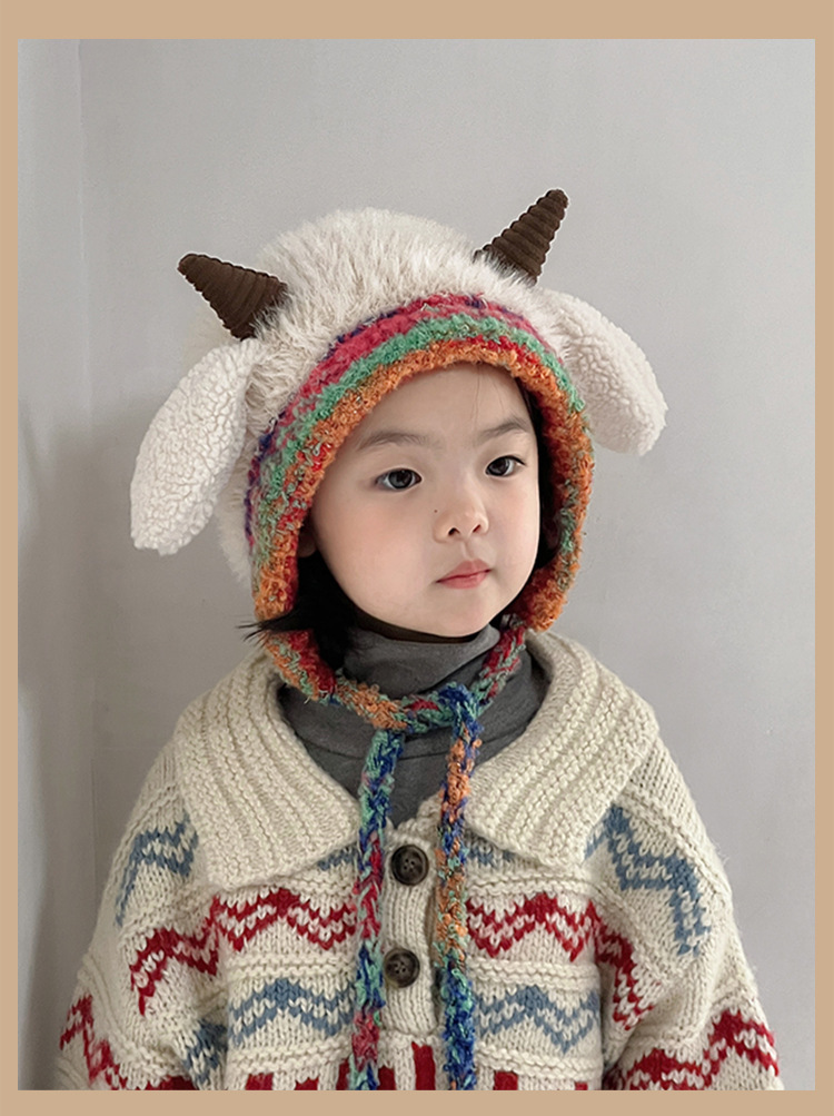 冬季保暖儿童帽子加厚针织毛绒帽男女宝宝可爱牛角护耳套头毛线帽详情8