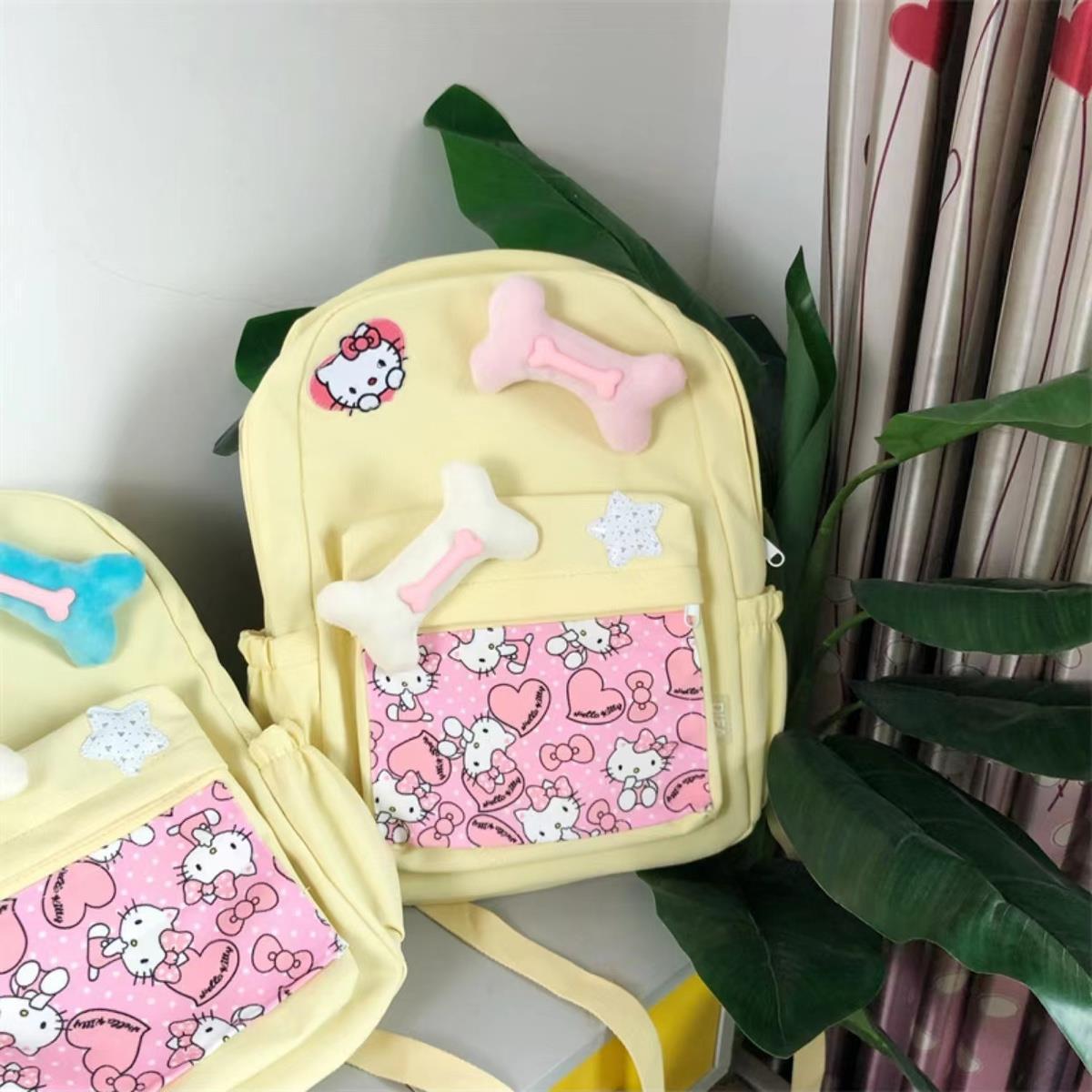 辣妹设计感背包可爱卡通猫猫骨头大容量清新黄色书包大学生双肩包详情17